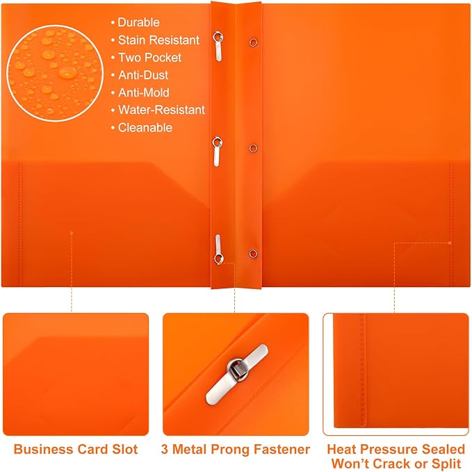 Cholemy 72 Packs Pocket Folders with Prongs Heavy Duty Plastic Folder with Business Card Slot 3 Prong Fasteners for School Office (Orange)