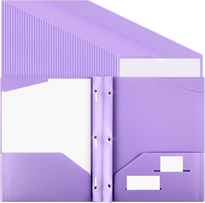 Tenceur 48 Pack Plastic Folders with 3 Prongs Bulk Heavy Duty Folders with Clear Front Pockets and Card Slots with Fasteners Fit Letter-Size Papers for Work School Office (Purple)