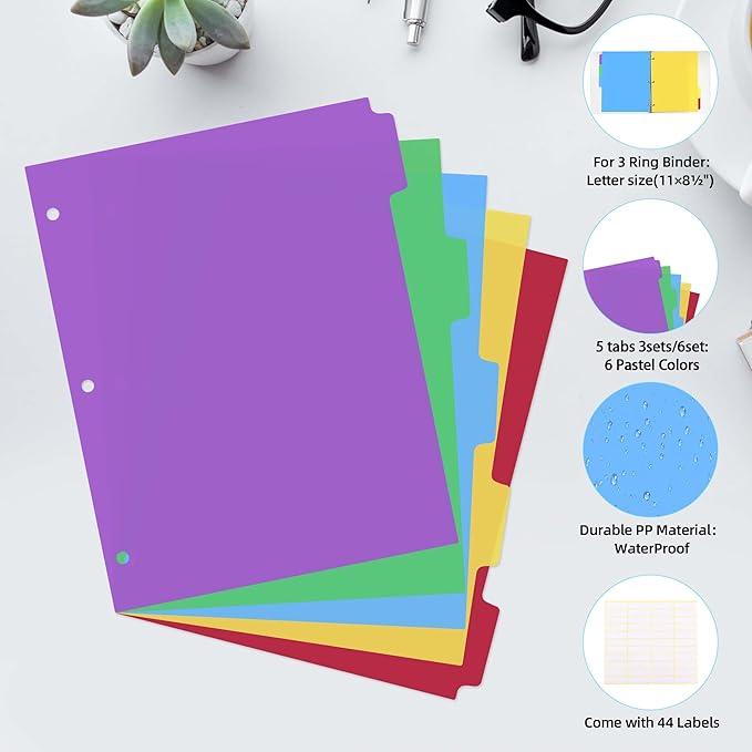 3 Set Dividers for 3 Ring Binders,5 TAB Binder Dividers,Plastic, Multicolor Binder separators with tabs