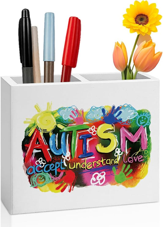 Autism Pencil Holder Decor Education Teacher Gifts for Office SPED Teachers Gift Autism Awareness Wooden Organizer Vase for Office Home Desk Gifts for Autistic Adult Girl Boy