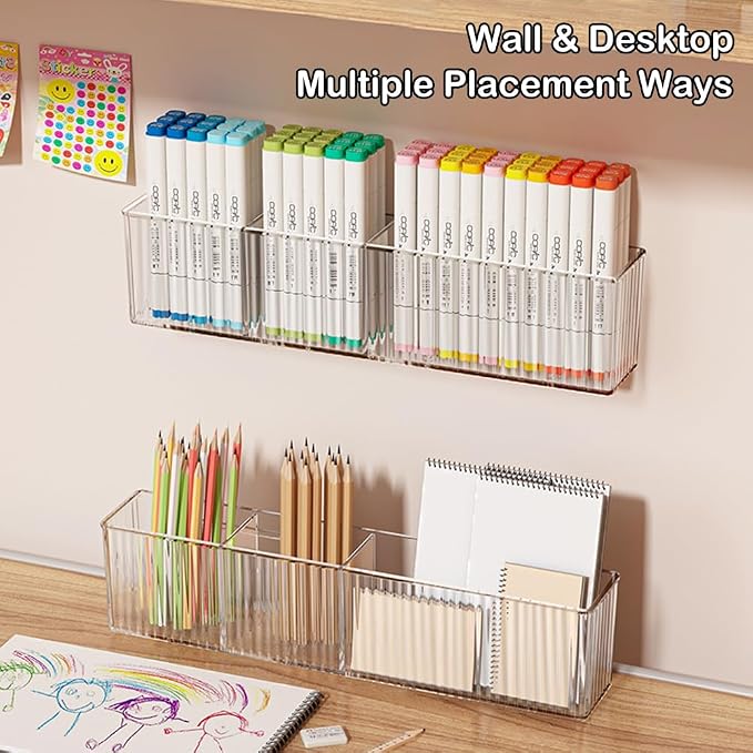 2 Pack Wall Mounted Marker Holder, 3 Compartments Clear Pen Holder Organizer, No Drill Wall Pencil Storage Rack Office Accessories Organizer (Clear)