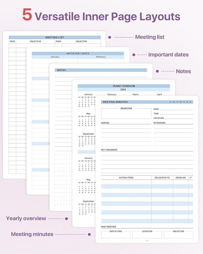 WEMATE Meeting Notebook for Work, Work Planner Notebook With Action Items, B5 Size Project Planner, Easily Take Meeting Notes & Keep Agendas on Track, Calender, Index Page, Inner Pocket, 7×10 Inch, Purple