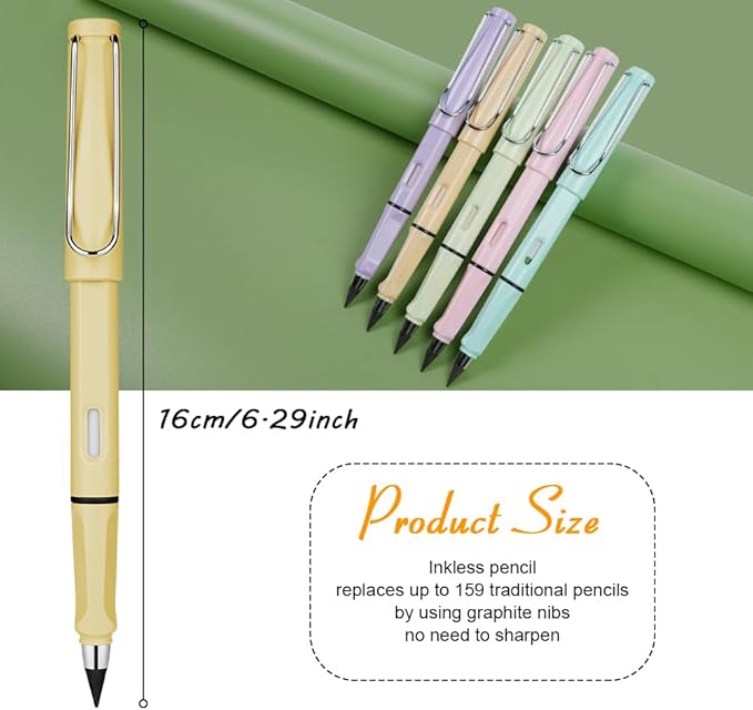 Ainiv Inkless Pencil with Eraser, 5 Sets Infinity Pencil Everlasting Pencil, Reusable Infinite Pencil with Extra 5 Eraser & 5 Replaceable Nibs, Endless Pencil for Home Office School Writing Drawing