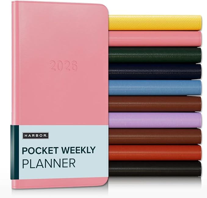 Harbor Pocket Weekly Monthly Planner 2025-2026, Calendar Planner and Notebook, Durable Faux Leather, 192 Pages, Softcover & Book Bound - Cambridge Flamingo - 6 x 3.25 "