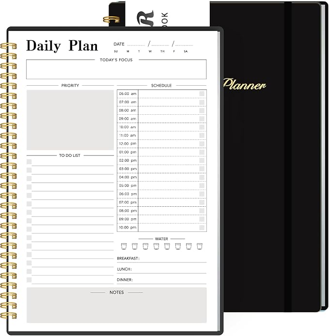 Daily Planner Undated, To-Do List Notebook with Hourly Schedule, Spiral Appointment Organizer Calendar for Man / Women, Flexible Cover, Twin-Wire Binding Elastic Closure, Pocket Pen Loop, 160 Pages