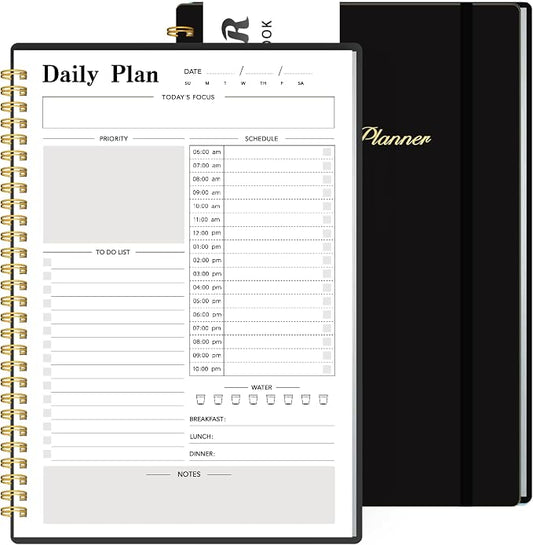 Daily Planner Undated, To-Do List Notebook with Hourly Schedule, Spiral Appointment Organizer Calendar for Man / Women, Flexible Cover, Twin-Wire Binding Elastic Closure, Pocket Pen Loop, 160 Pages