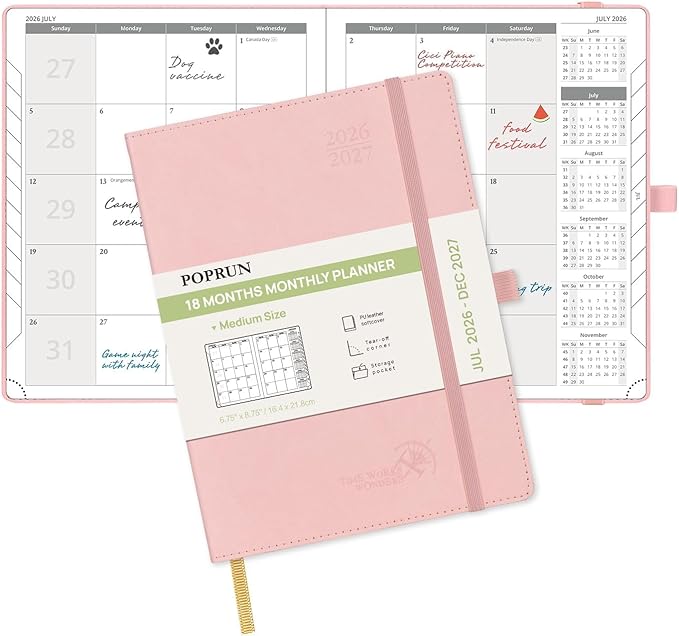 POPRUN Monthly Planner 2026-2027 (Medium- 6.5'' x 8.5'' Soft Cover), 18-Month Calendar Book (Jul.2026-Dec.2027), Calendar Planner with Monthly Tabs & Pocket, 100 GSM Paper - Pink