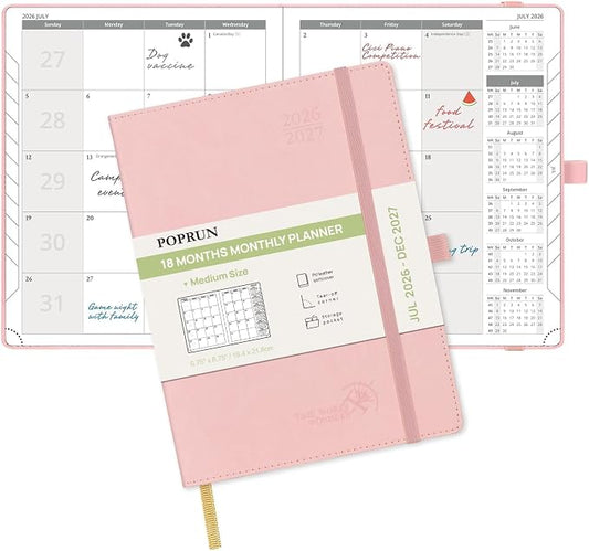 POPRUN Monthly Planner 2026-2027 (Medium- 6.5'' x 8.5'' Soft Cover), 18-Month Calendar Book (Jul.2026-Dec.2027), Calendar Planner with Monthly Tabs & Pocket, 100 GSM Paper - Pink
