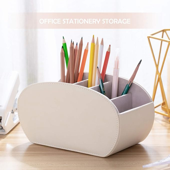 BONNY DODO PU Leather Multi-Functional Office Organizar Box Remote Control Holder Desk Storage Suppliers Caddy Table with 5 Compartment Store TV Remote, Brush, Pencil, Glasses, Media Player (Beige)