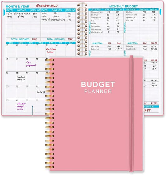 Budget Planner - Monthly Budget Book with Expense Tracker Notebook, Undated 12 Month Bill Organizer & Finance Planner to Manage Your Money, Account Book with Colorful Tabs, 8" x 9.5", Pink
