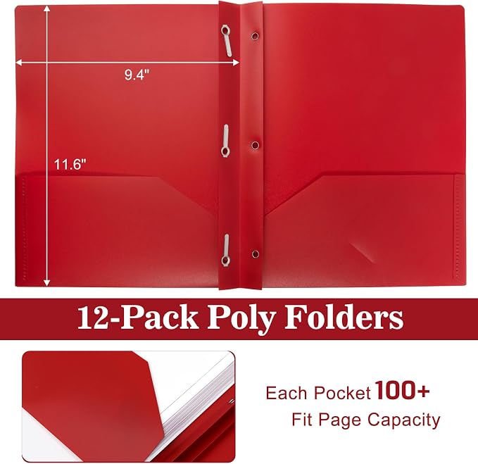 12-Pack Plastic Folders with Pockets and Prongs, 2-Pocket Poly Folders with 3 Fasteners Holds 8-1/2" x 11" Paper for School/Office/Home, Red