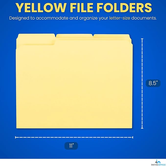 1InTheOffice Yellow Folders, File Folders Letter Size, Filling Folder, Top Tab, 1/3 Cut Assorted Tab, 100 Pack