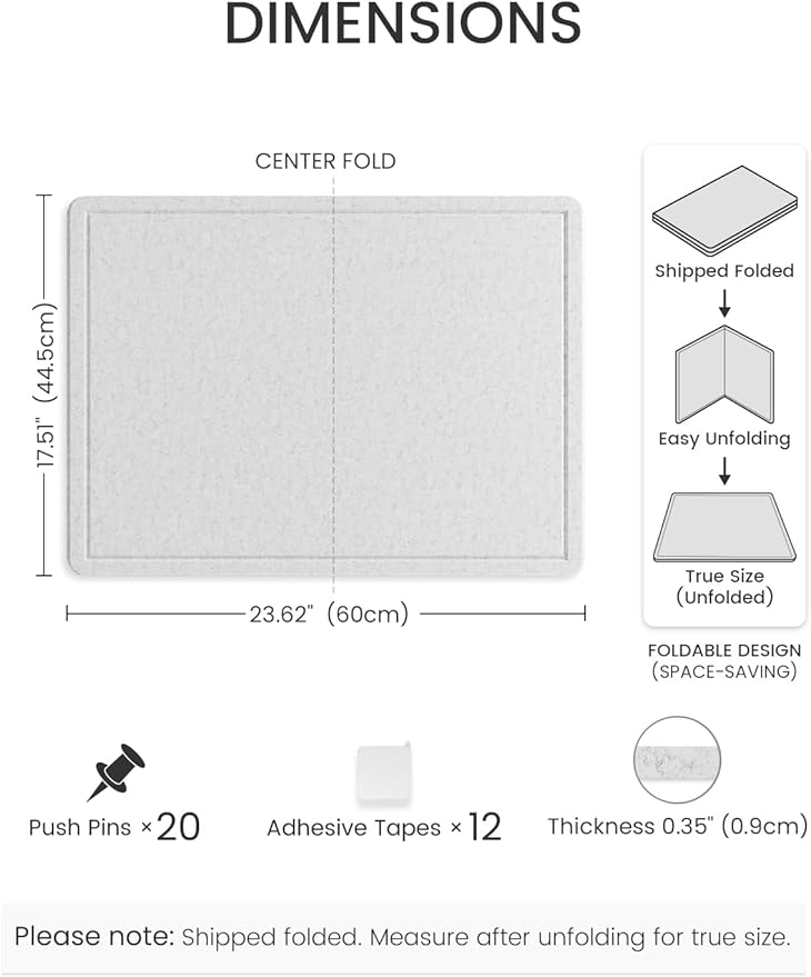 Fluxynara Bulletin Board, 23.6" x 17.5" Cork Board Alternative with 12 Safe Removable Adhesive Tabs, Foldable Felt Pin Board for Home Office, Classroom, Bedroom,Entryway for Walls—Light Gray