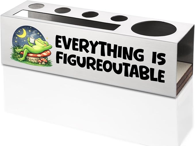 FOKCBOCM Motivational Office Pen Holder with Frog Night Design, Stainless Steel Desk Organizer Gift for Coworker, Calming Workspace Decor, Positive Daily Reminder Desk Accessory-DS120