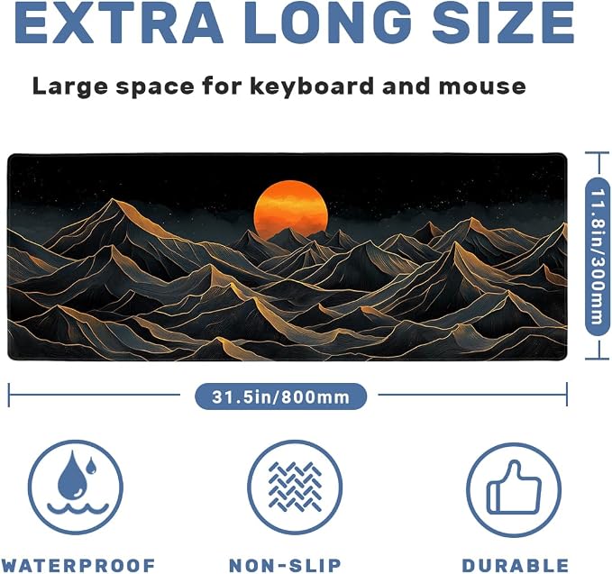 Golden Peaks Desk Mat Gaming Large Mouse Pad Abstract Black Terrain Solar Glow Mousepad for Keyboard and Mouse Extra Large Full Desk Computer Pads 31.5 x 11.8 Mouse Pads for Desk Home Office Gaming