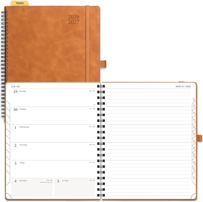 POPRUN Weekly Planner 2026-2027 (July 26-June 27), Large-8.5" x 10.5", Academic Agenda 2026-2027 Calendar Notebook Planner for School, College, Spiral Leather Softcover, 100GSM - Brown