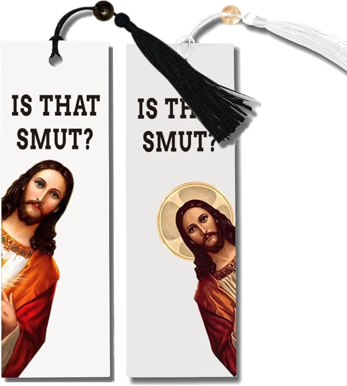 2 Pack Peeking Jesus is that Smut?Bookmark Inscribed with Hilarious Text and Tassels for Book Lovers,Funny Bookmarks for Adults Humor(White&Black)
