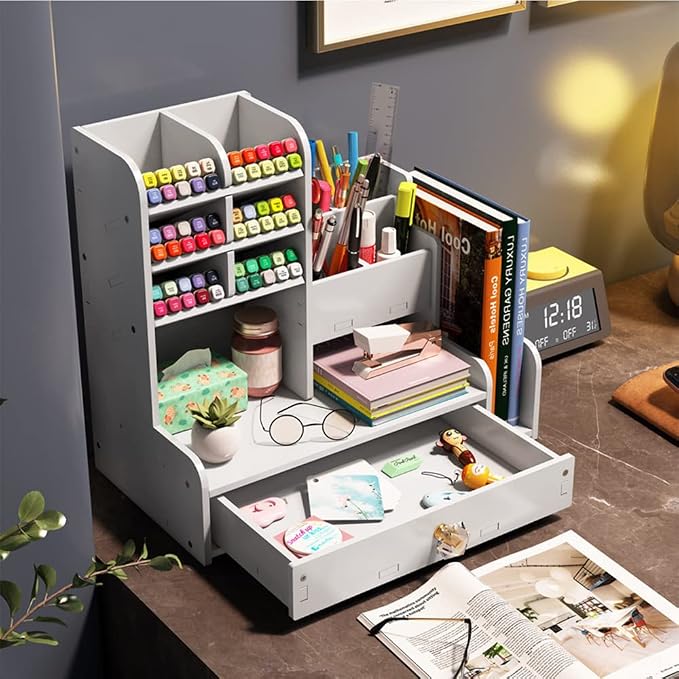 Hggzeg Desktop Pen Organizer, Stationary Organizer with Drawers and 2 File Holder, Art Supply Storage, Multi-Functional Pen Pencil Holder, for Home, Office and School