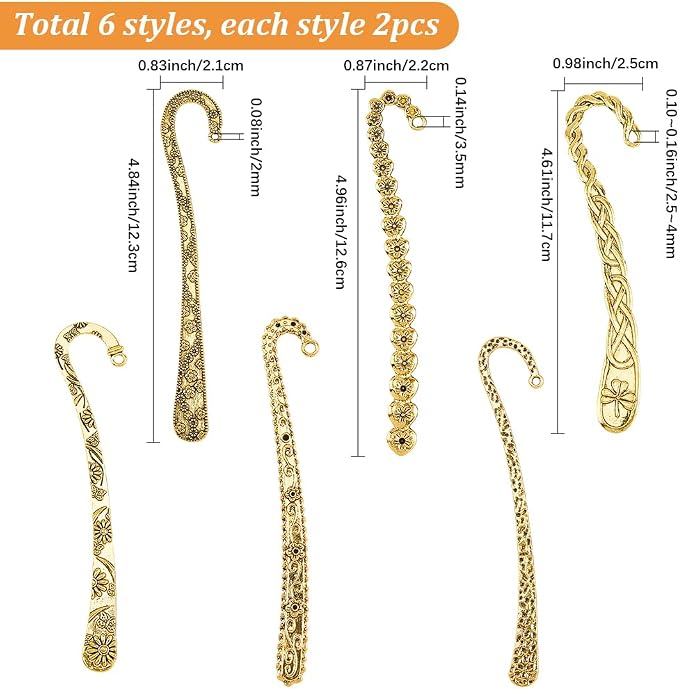 SUNNYCLUE 12Pcs 6 Styles Metal Bookmark Hairpin Hook Book Mark Alloy Vintage Antique Gold Flower Carved Bookmarks Findings with Hole Book Marker Blank for Crafts Teacher Reading Jewelry DIY Gifts