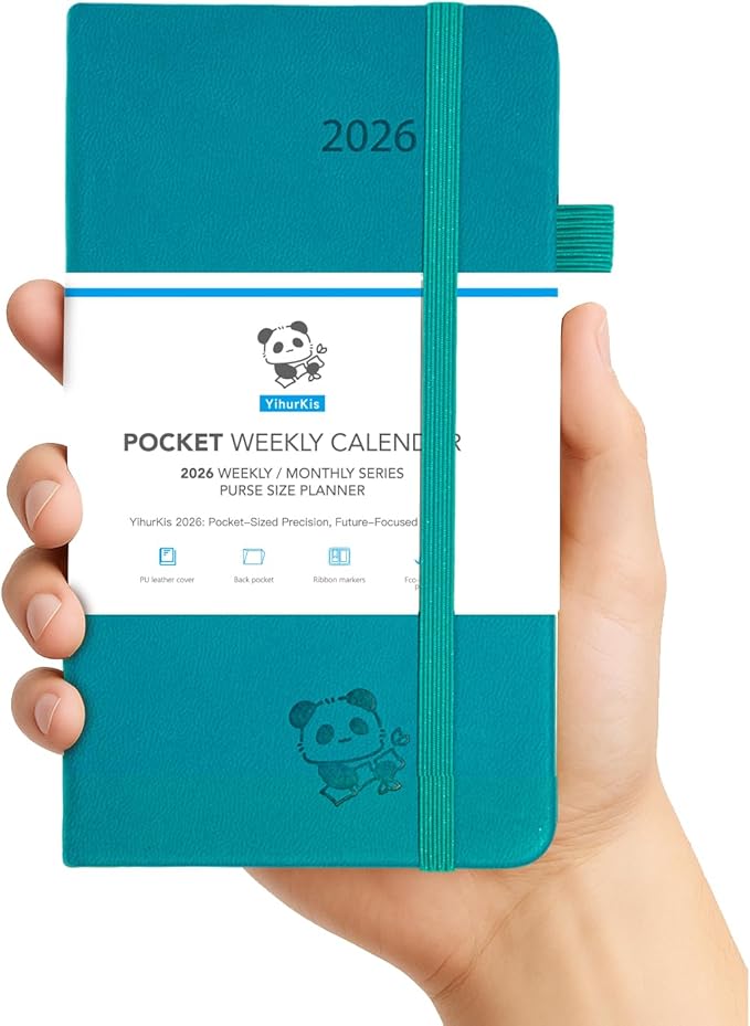 2026 Pocket Calendar by YihurKis - Weekly and Monthly Planner, 3.5'' x 6'', 2026 Purse Planner with Pen Holder, Leather Hard Cover, Inner Pocket For Men & Women - Blue