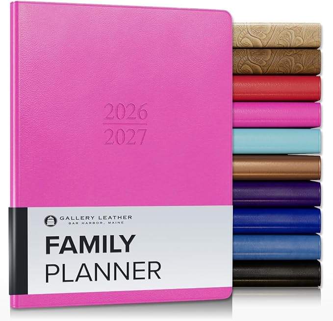 Gallery Leather Family Planner 2027, for moms, Elegantly Bound Calendar Planner and Notebook with Stylish White Page Edges, 18 Months - Caribbean Fuchsia - 9x7"