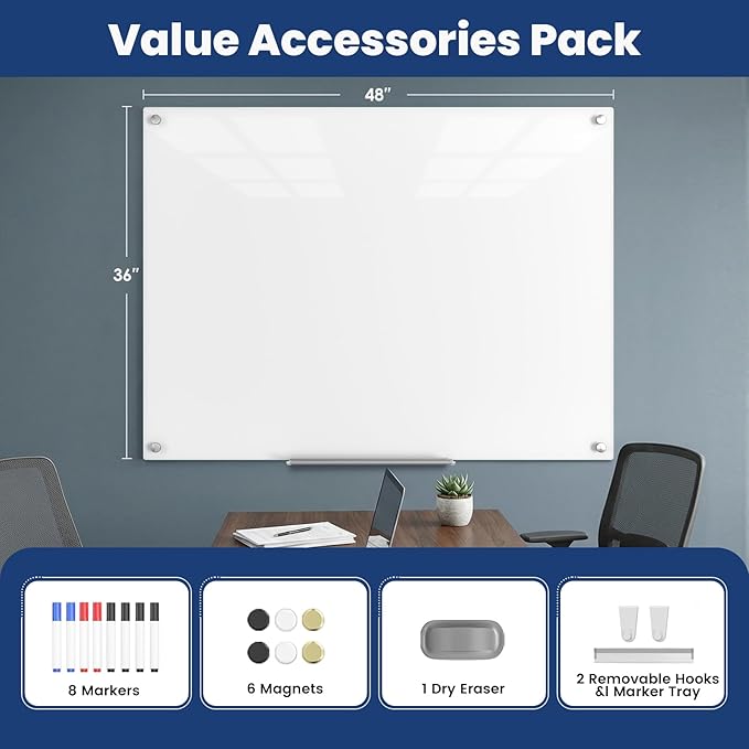 Large Glass Whiteboard, Enhanced Magnetism Glass Dry Erase Board for Wall, 48" x 36" Pure White Tempered Glass Board, 4' x 3' Big White Board for Home, Office, School