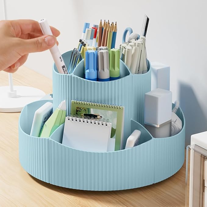 Desk Organizer, 11 Slots 360-Degree Rotating Pencil Pen Holder for Desk, Desktop Storage Pen Organizers Stationery Supplies, Art Supply Storage Box Caddy for Office, Home (Blue)