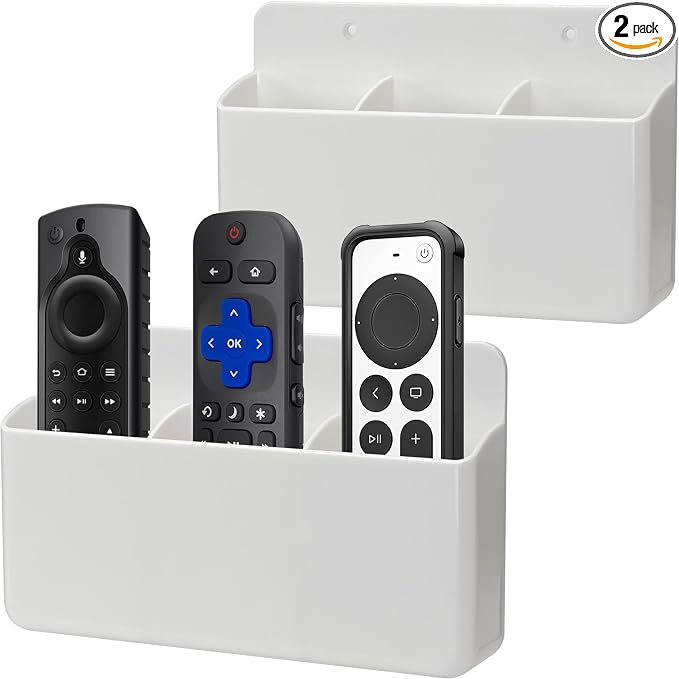 Remote Control Holder, White, 2 Packs | 3 Slot Wall Mount, Self Adhesive, For TV Remote Marker Pen, Home Office School Storage