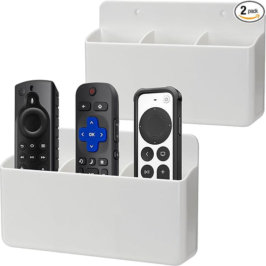 Remote Control Holder, White, 2 Packs | 3 Slot Wall Mount, Self Adhesive, For TV Remote Marker Pen, Home Office School Storage