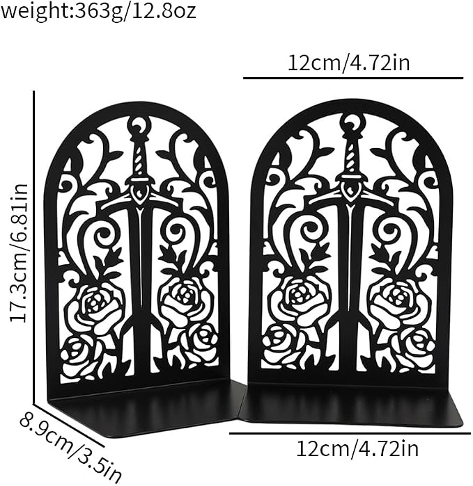 Book Ends, Bookends, Book Ends for Shelves, 2Pair Non Skid Metal Book Divider Decorative Holder, Abstract Art Desgin Book Stopper Supports for Office, Home (Sword Rose)