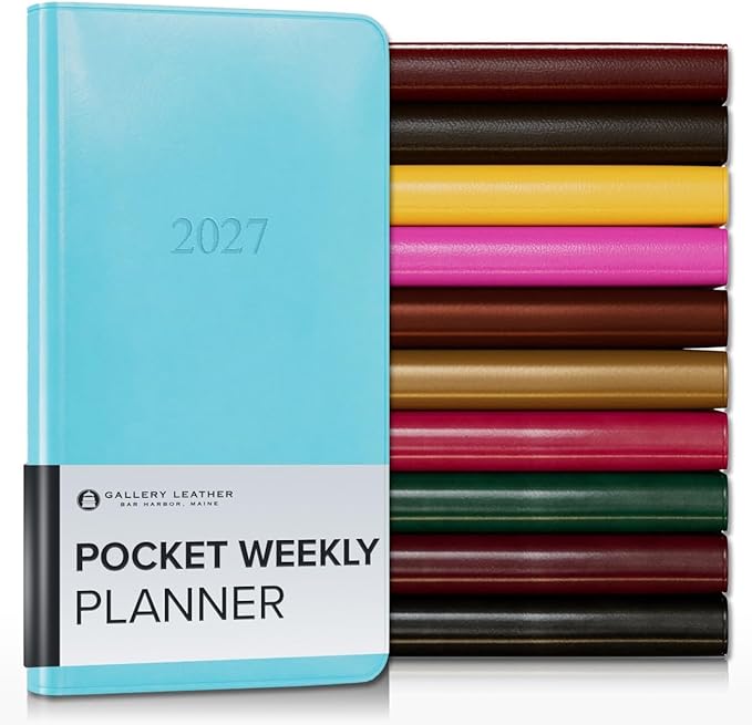 Gallery Leather Pocket Weekly Monthly Planner 2027, Elegantly Bound Calendar Planner and Notebook with Stylish Gold-Gilded Page Edges, 12 Months - Acadia Pool - 6x3.25"