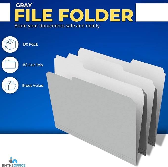 1InTheOffice Gray File Folders, 1/3 Cut Tab, Letter Size Filling Folder, 100 /Pack