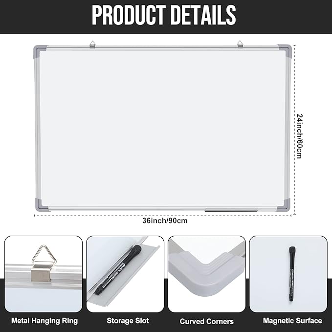Tinlade 3 Pack Dry Erase Boards, Magnetic Dry Erase White Board Bulk Silver Aluminum Framed Whiteboard Message Presentation Wall Mounted for School Office and Home(36 x 24 Inch)