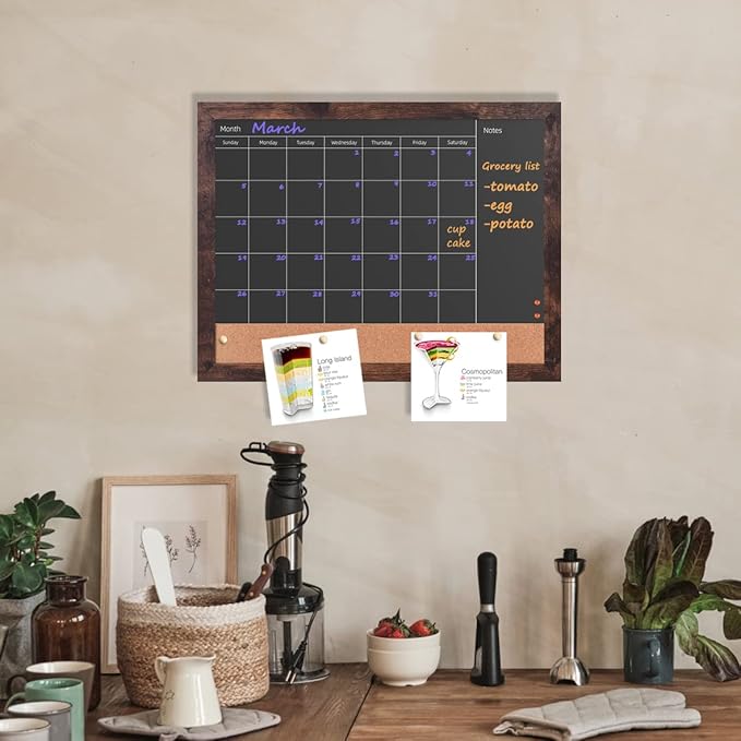 Chalkboard Calendar & Cork Bulletin Board，13" x 17" Brown Wood Frame，Magnetic Surface Chalkboard.Perfect for Office, Home School Message Board,Chalkboard+Cork-3343B-BN