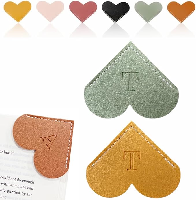 Personalized Leather Heart Bookmark, 26 Letters Customized Corner Book Mark for Reading Women, Book Marker with Initials，Cute Gifts (Green+Light Brown, T)