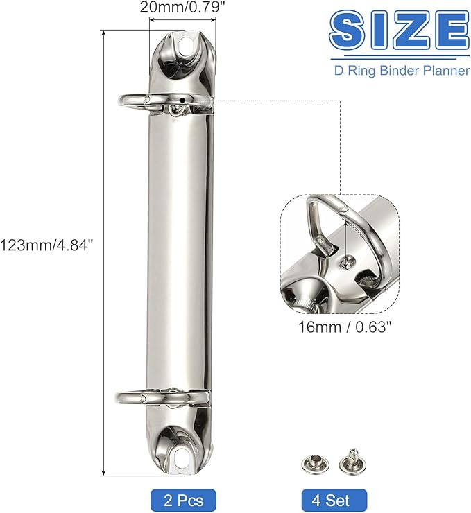 PATIKIL B7 2 Hole Ring Binder Mechanisms, 2 Set 0.63" D Ring Replacement Binder Planner Loose Leaf Binding Spines for Organizers DIY Fill Paper Storage Folder Accessories, 20mm Silver Tone
