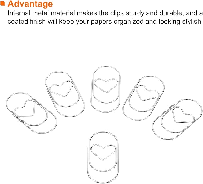 MECCANIXITY Paper Clip Heart-Shaped Cute Decorative Fun Clips Bookmarks 2 Inch Silver Tone for Organize Office Home, Pack of 50