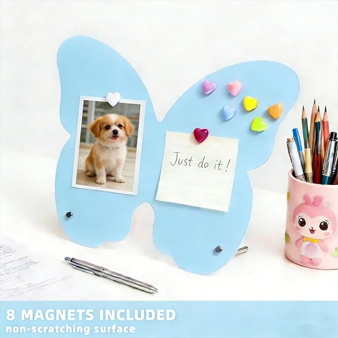 2 Pcs Magnetic Board, Magnet Message Board, 10.6"x8.2" Metal Magnetic Bulletin Board with 50 memo Sheets and 8 Magnets, Magnet Display for Home, School, Kitchen, Office(Butterfly, Blue)