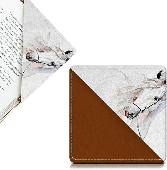 Cute Leather Bookmarks, Fun Triangle Making Corner Bookmark, Book Accessories for Reading Book Lovers, Unbreakable Page Markers for Women Men Beautiful White Horse