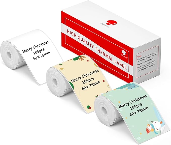 Phomemo M110 Labels,40x75mm 200 Pcs Black on Christmas Panting,50x70mm 110 Pcs Black on White,Phomemo Self Adhesive Thermal Labels for M200 M221 Label Printer, Stickers Label Ideal for Gifts,3-Roll