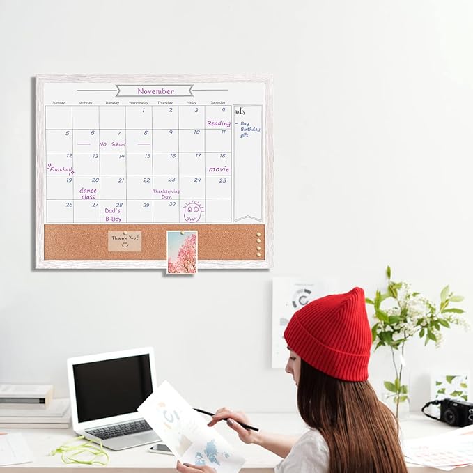 Dry Erase Calendar Whiteboard for Wall, Combination Magnetic Dry Erase White Board & Bulletin Board, 23.6" x 31.5" Wood Framed Calendar/Cork Combo Board(WH-6080)