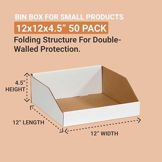 AVIDITI Corrugated Cardboard Storage Bins Holder 12" x 12" x 4.5" (50 Pack), Open Top Durable and Ideal for Organizing Parts Bin Work Areas Packing Moving and Storage - White, 50 Pack