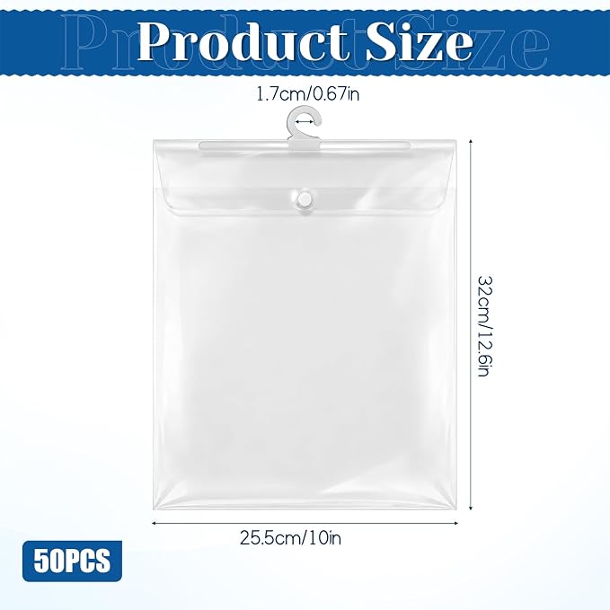50 Packs Plastic Hanging Storage Bags with Hanger, 12.6×10'' Hang-Up Clear Plastic Bags, Reusable Hanging Storage Bag with Hook, Waterproof, Dustproof, for Sorting, Organising, and Storing