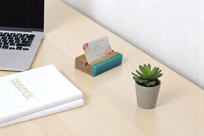 Business Card Holder – Wooden & Epoxy Desk Organizer, Stylish Card Display Stand for Office, Slim Business Card Holder for Men & Women, Modern Desk Accessories
