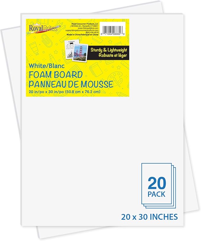 Royal Brites Premium White Foam Board 20” x 30” - Sturdy & Lightweight 3/16" Thick - Ideal for Art, Work Presentations & School Projects - 20 Sheets - Large Foam Board for Display & Crafting