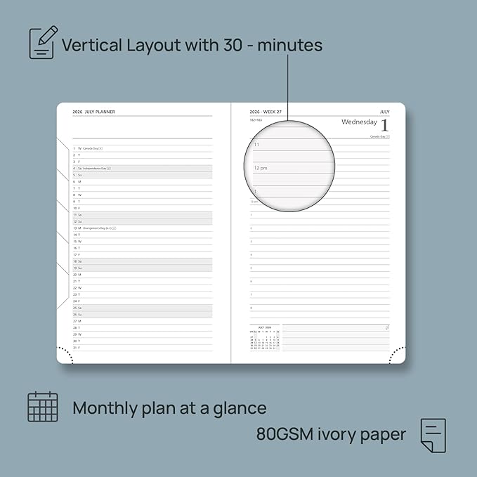 POPRUN 2026 Daily Planner One Page Per Day A5 Size Calendar (5.75" x 8.5") - 12 Months Hourly Appointment Book with Hardcover, Monthly Tabs, Pocket, Pen Holder - Light Pink