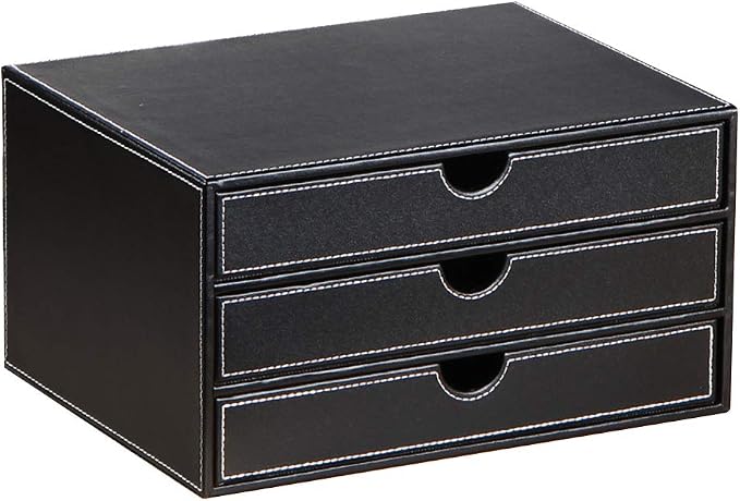 Ayunga Leather Desk Organizer with 3 Drawers, Executive Office Supplies Desktop Filing A4 File Cabinet/Holder,Stackable Storage Box for Jewelry/Bill/Documents/Makeup Home Decor Accessories(Black)