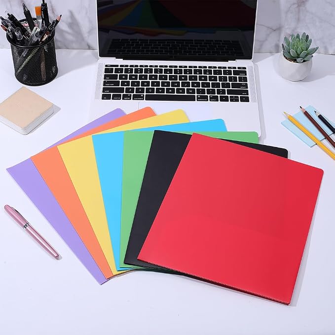 WADORN 14 Pcs Plastic Folders with Pockets, 7 Styles Document Folders Poly File Holds 11x9 Inch Paper Pocket Folder Durable Divider Folder Back to School Supplies for School Office Business Home