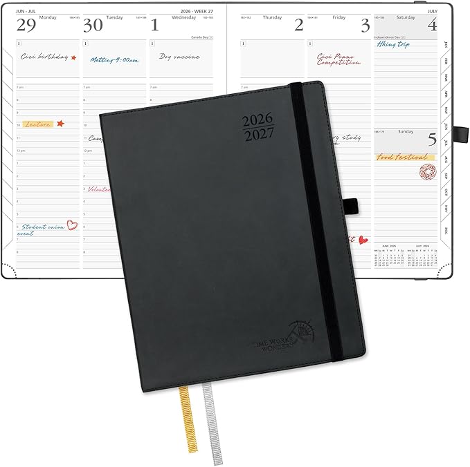 POPRUN Planner 2026-2027, Large-8.5" x 10.5", Academic Planner 2026-2027 Weekly and Monthly (July 26-June 27) Hourly Appointment Book with Inner Pockets, Leather Soft Cover, 100GSM - Black