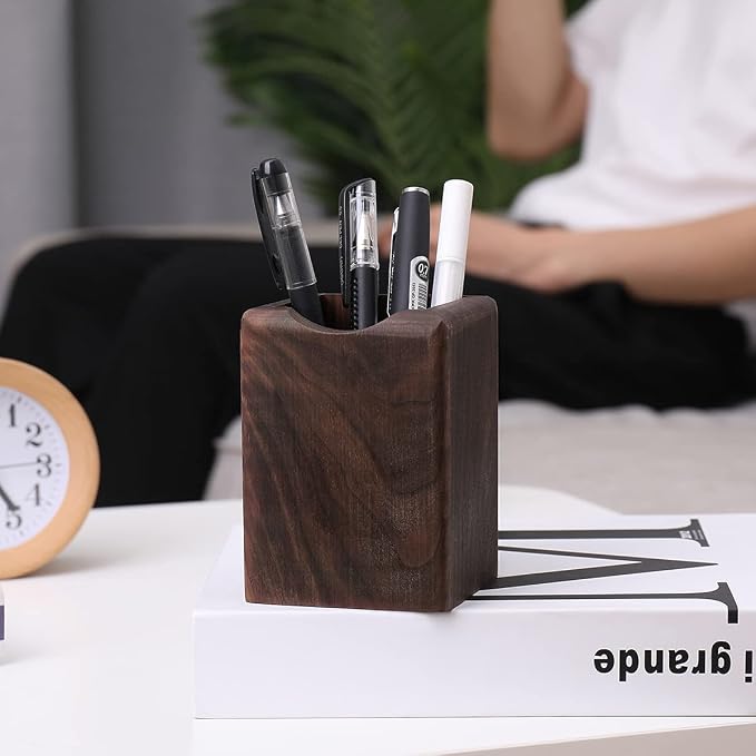 Toyvian Wooden Pen Box Multiple-Use Desk Organizer Eco Natural Wood Storage Box (Black Walnut)